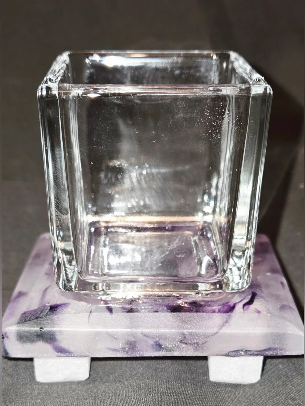 Artisan Glass Votive Candle Holder on Marbled Purple Resin Pedestal Footed Base